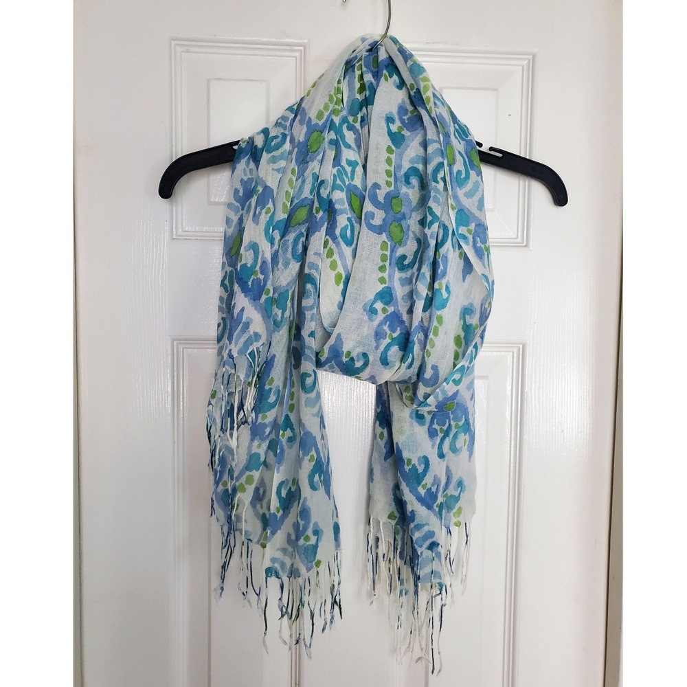 Lightweight Scarf Blue Green White Paisley Fringed Wool Modal Blend Boho Wrap OS